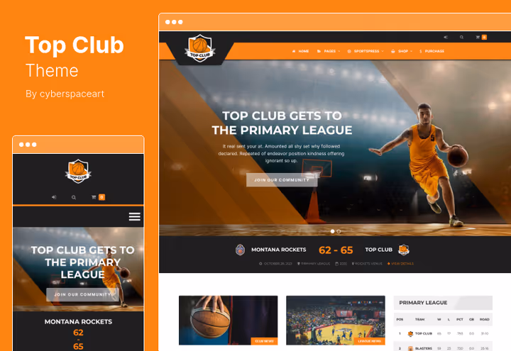 Top Club-tema, budsjettvennlig sportsside på Bootstrap