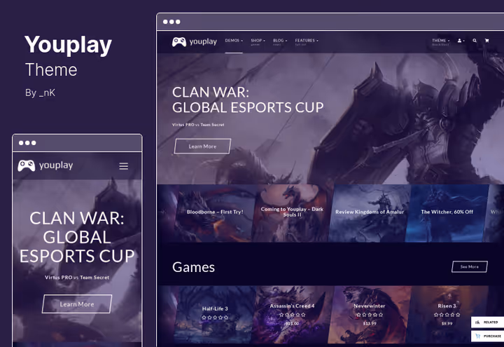Youplay teema ekraanipilt mängijaprofiilide ja klannisüsteemiga