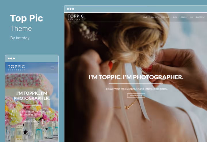 TopPic theme, photo portfolio with parallax headers and 6 menus