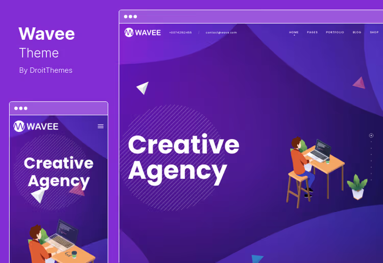 Wavee theme, creative portfolio with drag-and-drop builder