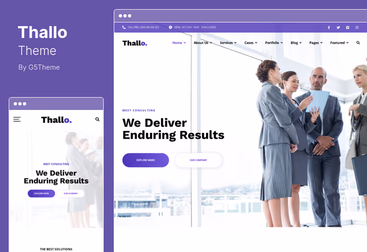 Thallo consulting theme header with customizable mega menu