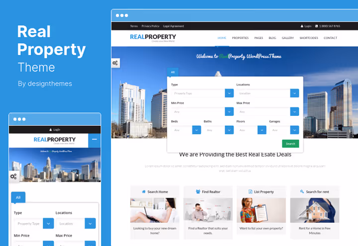 Real Property theme property listing card with map