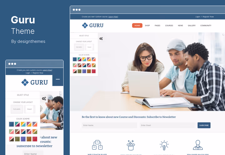 Course page in the Guru LMS theme with lessons and quizzes