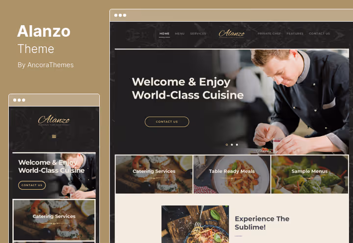 Tema Alanzo, site de chef pessoal e catering