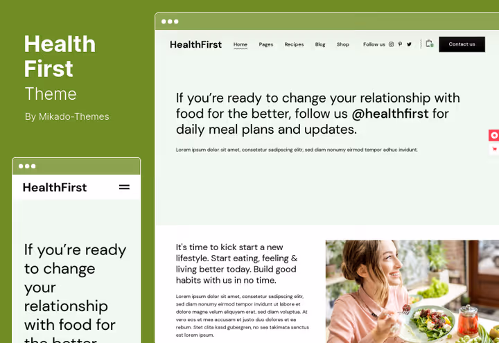 Tema HealthFirst, site de nutricionista com planos de refeições e WooCommerce