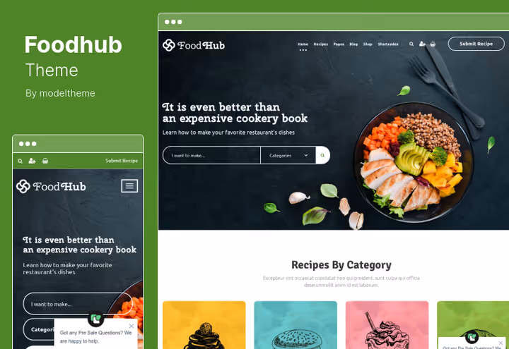 Tema Foodhub, site de culinária com WooCommerce e blogue de receitas