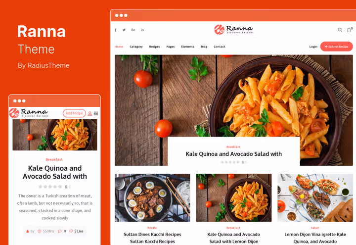 Tema Ranna, página de destino de bloguista de culinária com esquema de cores vibrantes