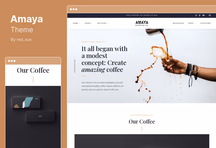 Tema Amaya, site de café com esquema de cores escuras e fundo de vídeo