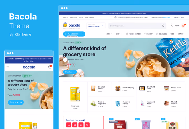 Tema Bacola, loja online de mercearia com Elementor e WooCommerce