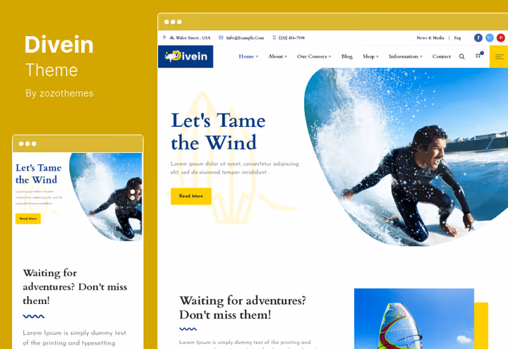 Тема Divein, дизайн дайвінг-школи та серфінг-табору з Elementor