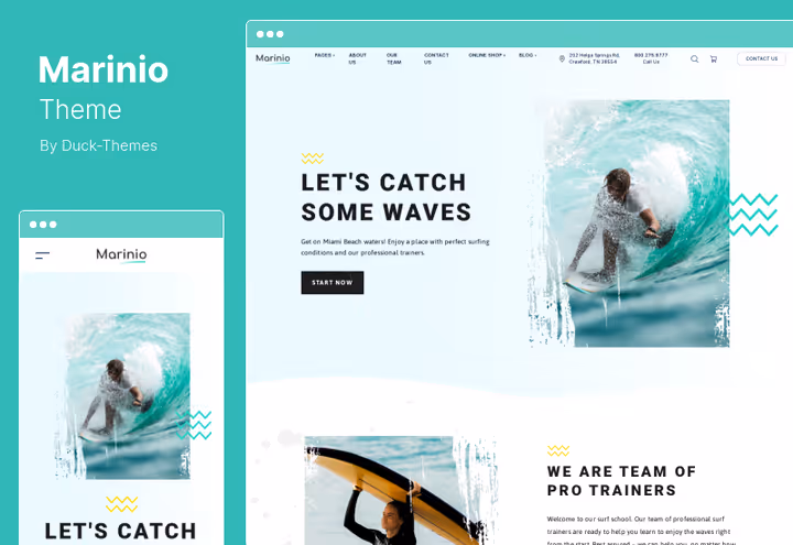 Тема Marinio, головна сторінка водного спорту з WooCommerce і Elementor
