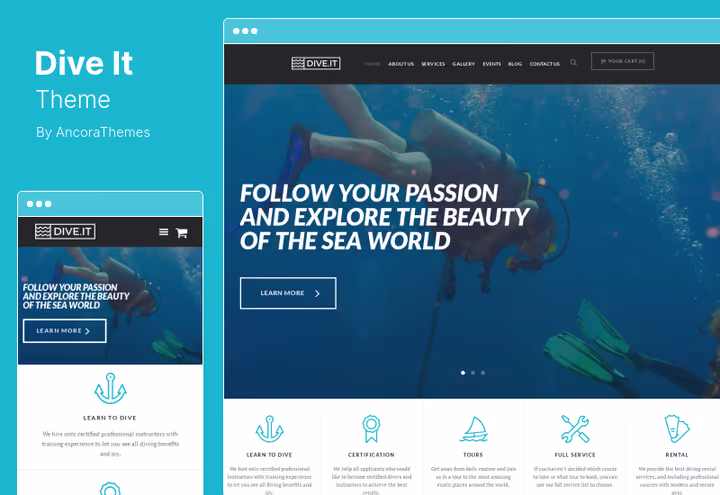 Тема DiveIt, дайвінг-школа та морські пригоди, стартова сторінка