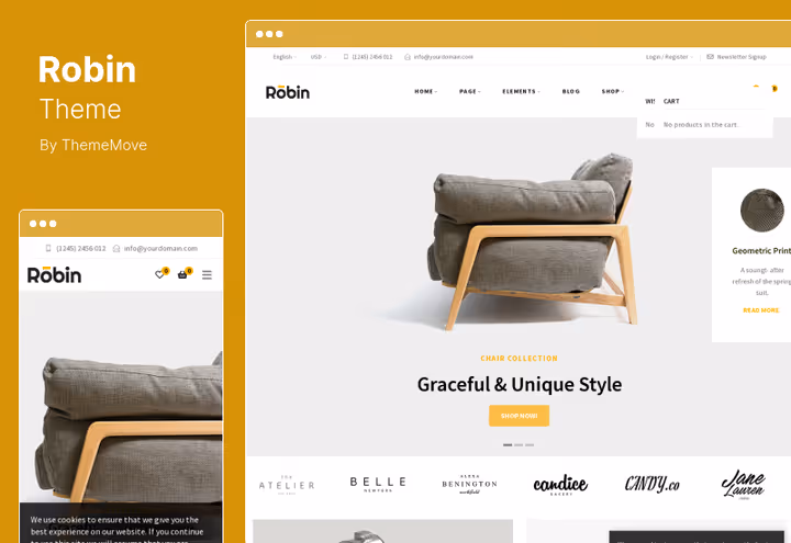 Página de catálogo do tema Robin para loja de mobiliário WooCommerce