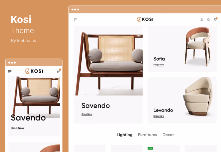 Página de produto do tema Kosi com variantes de cor de mobiliário