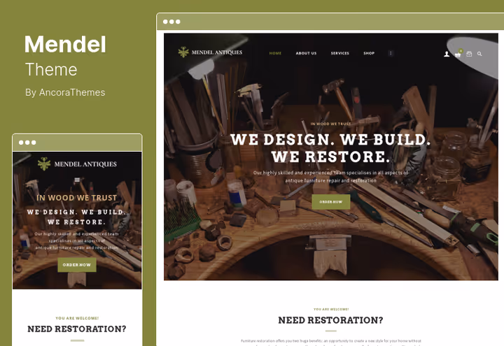Demonstração do tema Mendel para estúdio de design e restauro de mobiliário