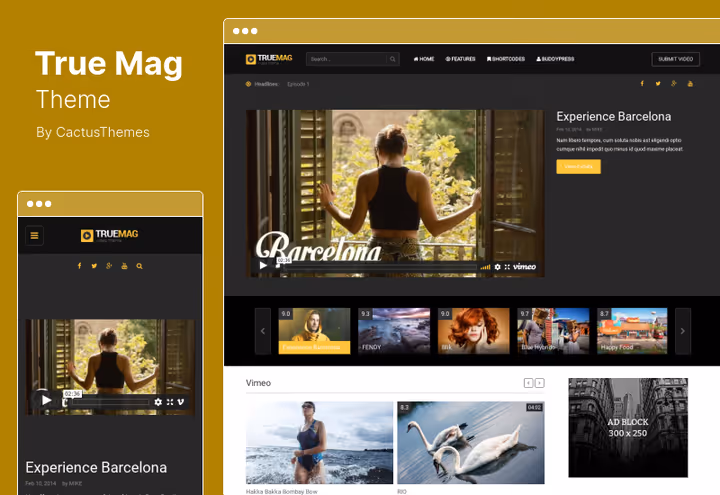 Тема True Mag, головна сторінка відеожурналу з сіткою роликів
