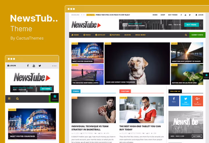 Тема NewsTube, чистий макет журналу з відео