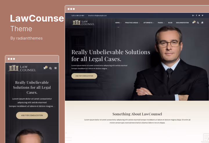 Тема LawCounsel, головна сторінка з фотографіями команди юристів