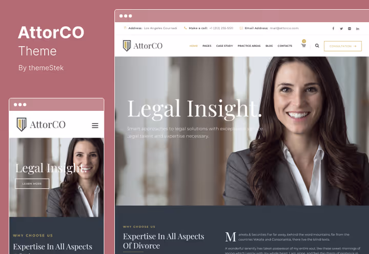 Тема AttorCO, п'ять макетів головної сторінки для адвокатського сайту