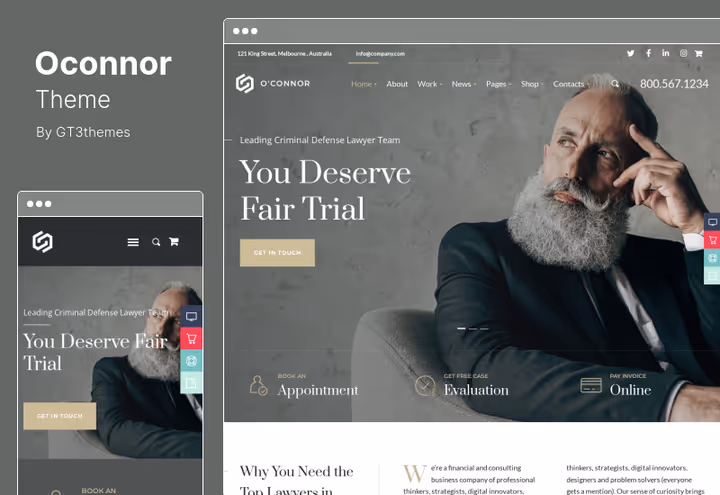 Тема Oconnor, сайт адвокатського бюро з портфоліо кейсів та відгуками клієнтів