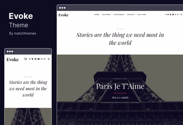 Tema Evoke, blogue de fotografia com feed horizontal de artigos