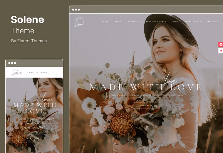 Tema Solene, portefólio de fotografia de casamento com Elementor e responsivo pronto para retina