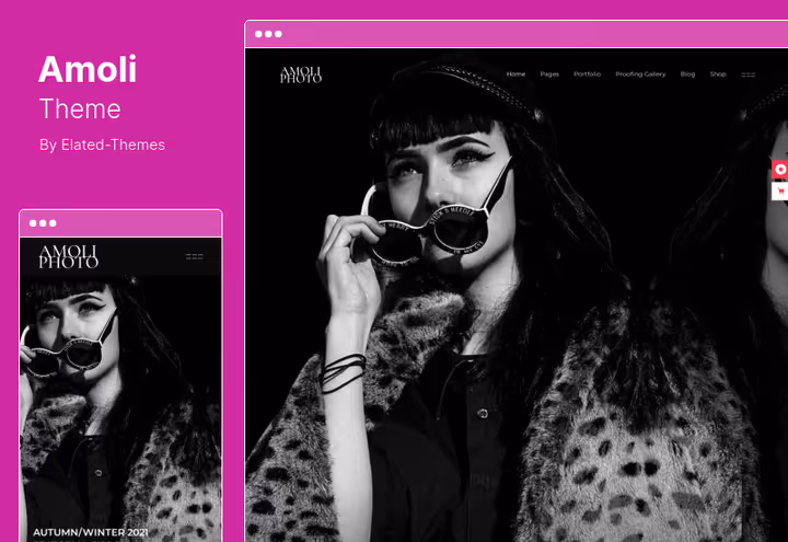 Tema Amoli, portefólio de fotografia de moda com galerias em ecrã inteiro e Elementor