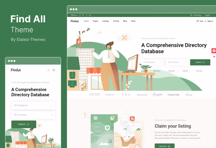 FindAll-temas katalogside med premiumkort
