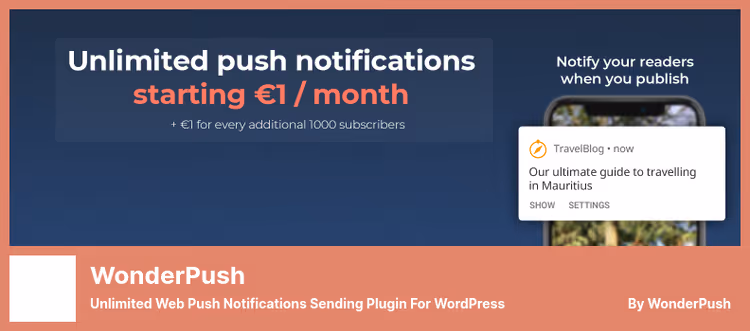 WonderPush notification settings window in WordPress admin