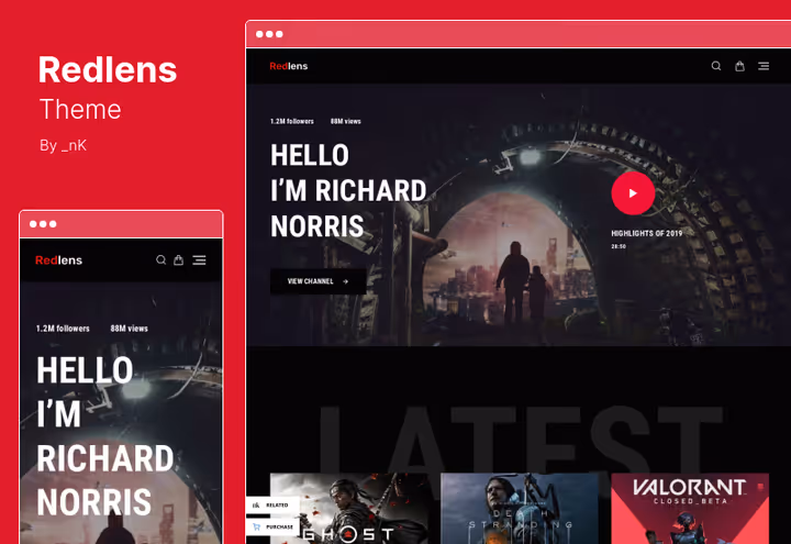 Redlens-tema for videobloggere og strømmere på WordPress med Gutenberg