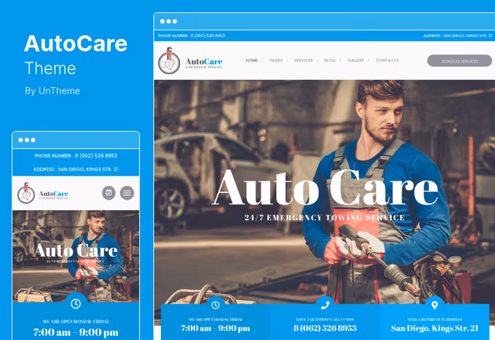 Тема AutoCare, головна сторінка автосервісу з календарем запису