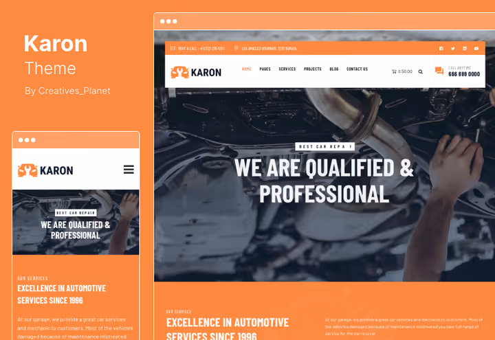Тема Karon, сайт автосервісу на Elementor з живим попереднім переглядом