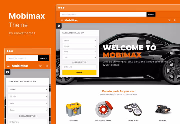 Тема Mobimax, магазин автозапчастин на WooCommerce з Ajax та відеофонами