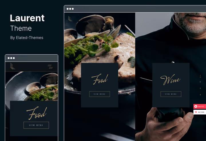 Laurent tema reservasjonsskjerm med meny og restaurantkontaktinformasjon
