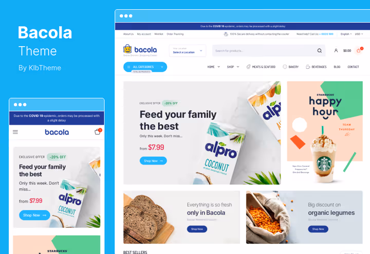 Bacola tema produktkatalog for dagligvare- og fiskenettbutikk