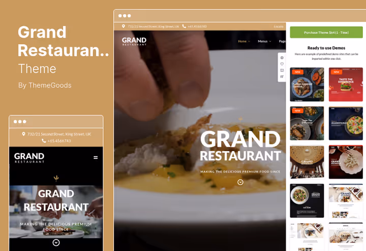 Grand Restaurant tema matleveringsside med WooCommerce og kortbetaling