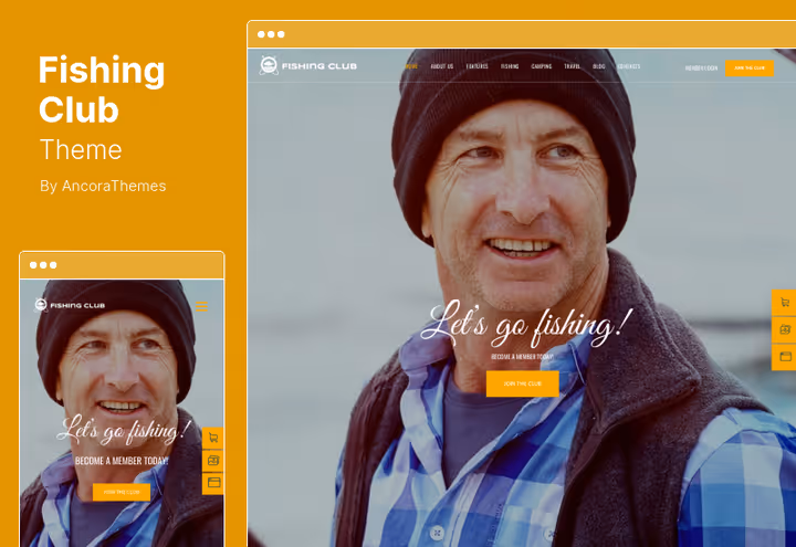 Головна сторінка теми Fishing Club з блоками заходів