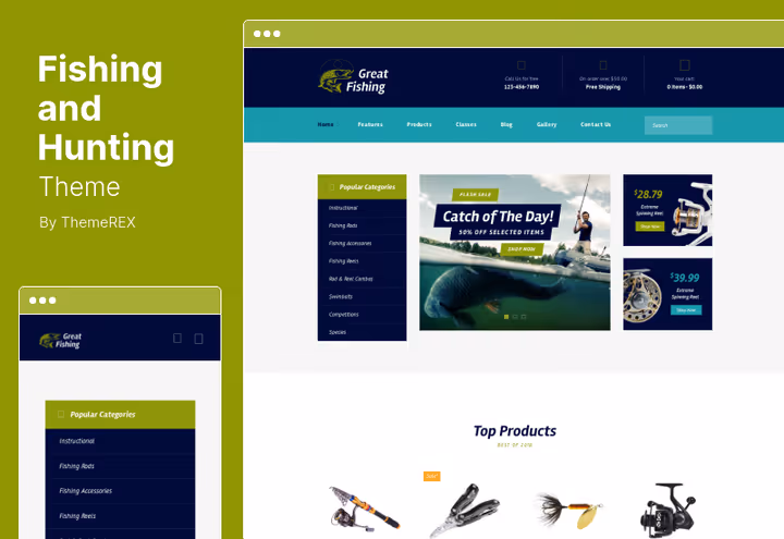 Демо-сайт теми Fishing and Hunting з товарами та блогом