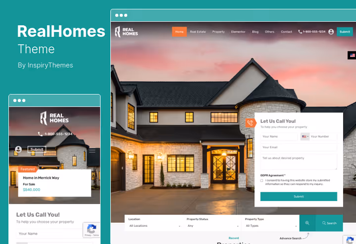RealHomes homepage with 9 layout variants and property search