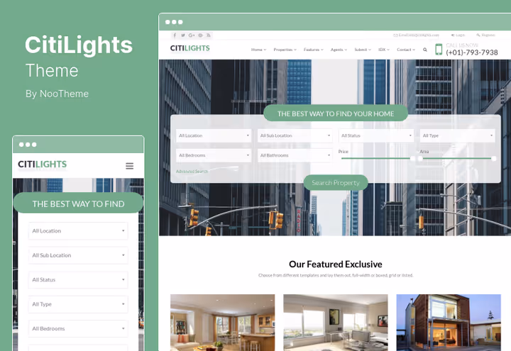 CitiLights theme property comparison page with Google Maps and geolocation