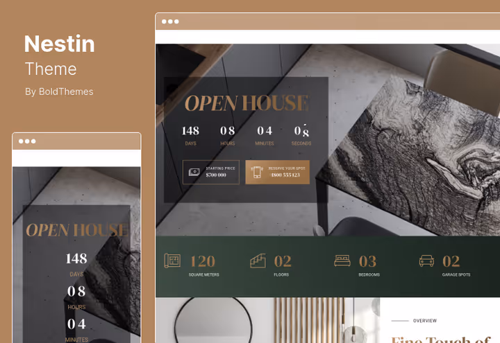 One of 8 Nestin homepage layouts with parallax effect and RTL support