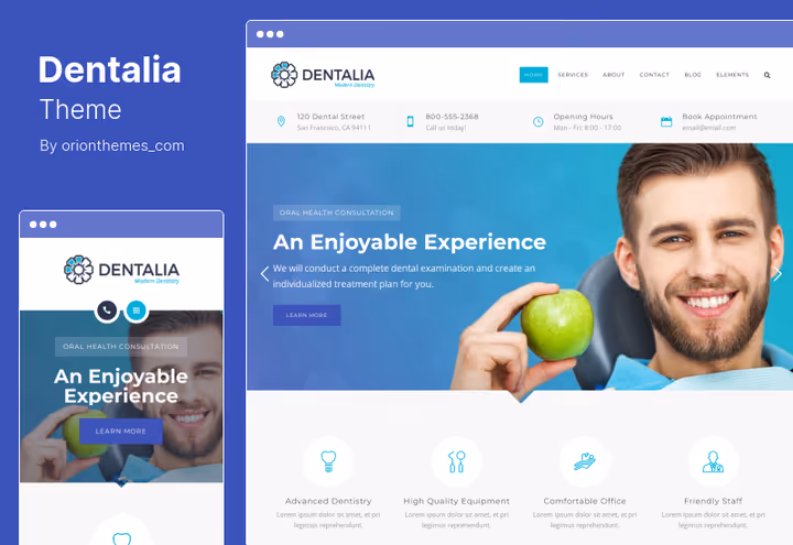 Dentalia-tema, responsivt tannlege-nettstedsdesign med parallaksebakgrunner
