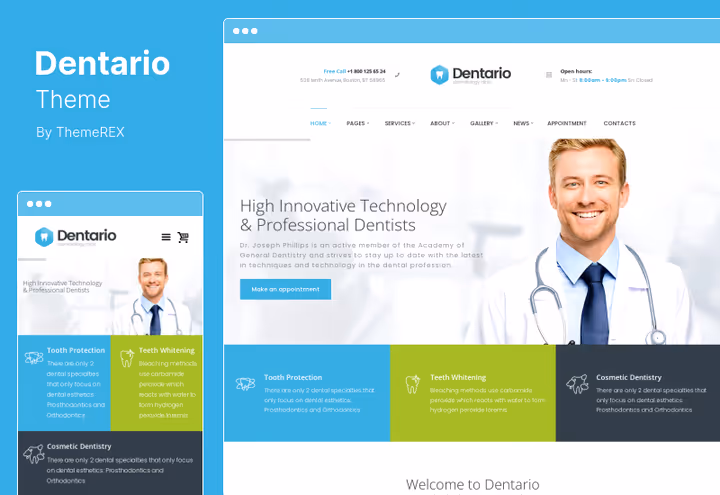 Dentario-tema, universelt medisinsk design for odontologi og kosmetologi