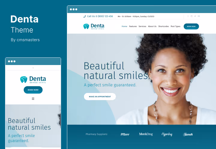 Denta-tema, tannlege-mal med ikoner for tanntjenester