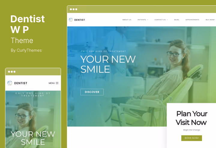 Dentist WP-tema, tannlege-mal med Visual Composer og ferdige sider