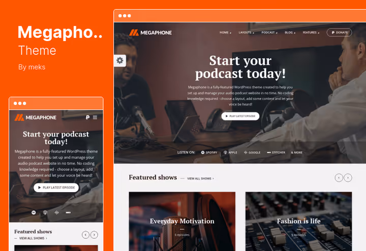 Megaphone-tema med PowerPress- og LibSyn-integrasjon