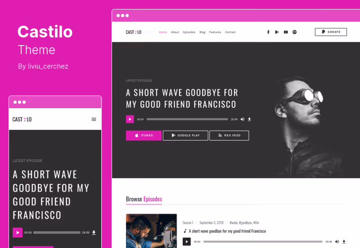 Castilo-tema med innebygd RSS-feed for podkaster