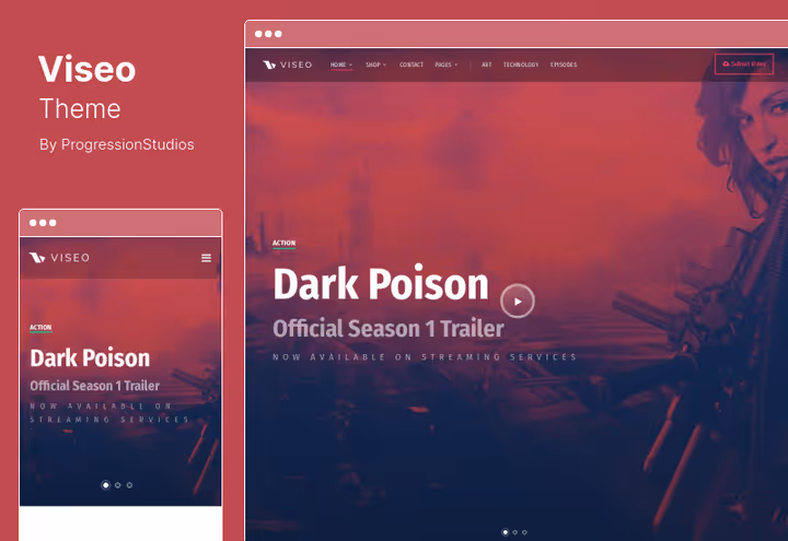 Demo av Viseo-tema med nyhetsoversikt og videospiller