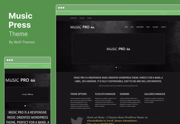 MusicPress-tema med lydspiller og musikkdesign