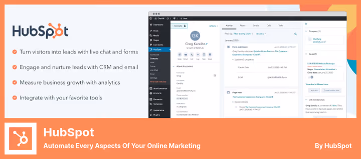 HubSpot CRM-dashbord med kontakter og automatiseringer